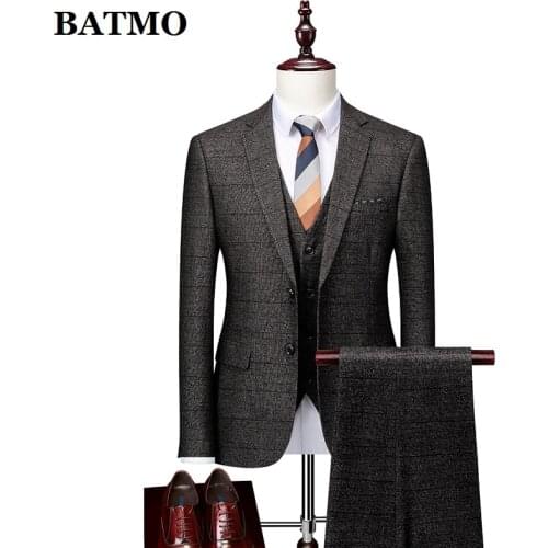BATMO 2021 new arrival spring Plaid casual suits men,mens wedding dress,jackets+pants+vest, 1752