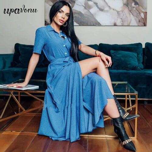 Free Shipping Pastoral Style Polka Dot Midi Dress 2021 Summer Elegant Lapel Short Sleeve Single-breasted Lace-up A-line Dress