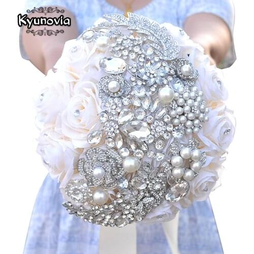 Kyunovia Natural Touch Roses Brooch Jewel Bride Bouquet Wedding Flowers Whimsical Brooch Bouquet Bridal Wedding Bouquet A0009