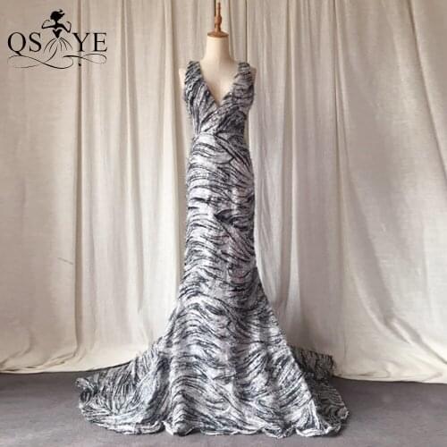 QSYYE Broken Size Zebra Print Mermaid Prom Dress Elastic V Neck Evening Dress Open Back Train Prom Dresses