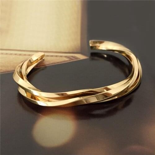 Classic Gold Color Plating Twired Two Row Brass Bangle Together For Women Girl Modern Luxury Casual Delicate Jewelry Accessory