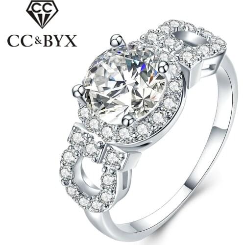 Halo Round 2 Carat CZ Engagement Rings For Women White Gold color Wedding Rings Bijoux Bagues Anillos CC101
