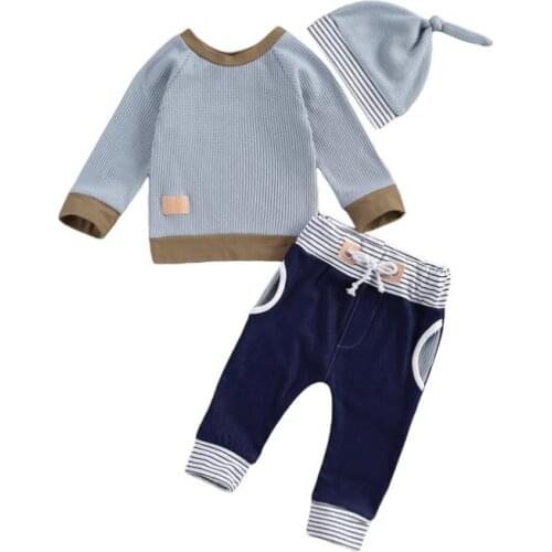 Children Three Piece Clothes Set Baby Patchwork Long Sleeve Pullover Striped High Waist Pants Hat Toddlers Baby Boys Sets