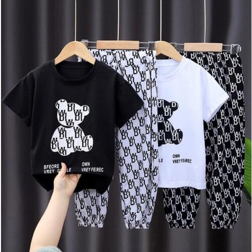 Girls Boys Clothing Set Short Sleeves Love Bear Letter T-Shirt + Pants Baby Two-Piece Summer Fashion Korean Version Sportswear
