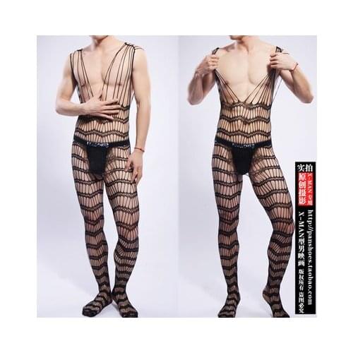 HOT SELLING Men striped mesh conjoined black silk stockings open files tights IN STOCK