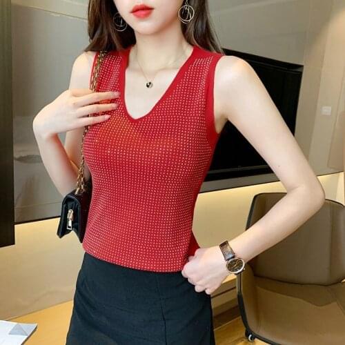 Diamonds Ladies Tank Top Summer Clothing Vests For Women Elastics Red Trend Green Korean Fashion Slim Tanks And Camis Plus Size