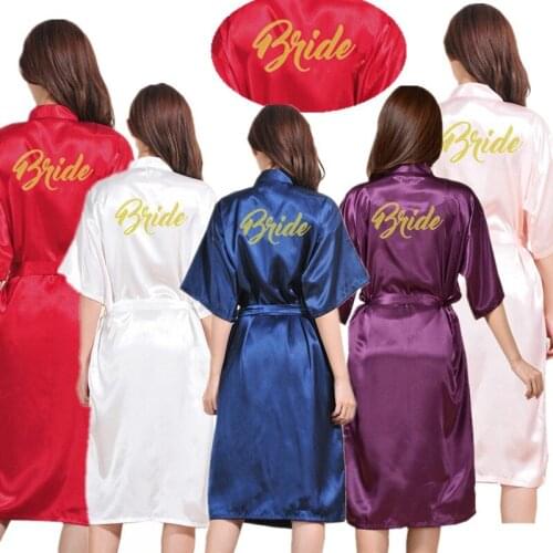 Wholesale Bride Letter Gold Glitter Women Pure Color Long Satin Silk Robes Kimono Nightgown Plus Size Bathrobe T30