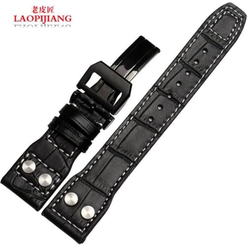 22mm Black brown Genuine Leather Rivet WatchBand Strap Deployment For BRAND Big Pilot iwc watch with butterfly buckle for men