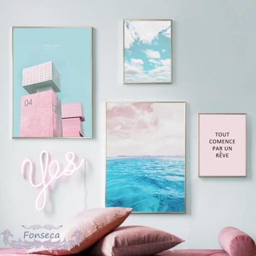 Blue Sea Beautiful Sky Cloud Pink Building Canvas Painting Wall Art Nordic French Quotes Posters and Prints Decorative Pictures