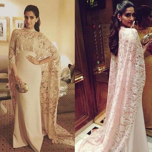 Fabulous Lace & Stretch Satin High Collar Saudi Arabia Style Evening Dresses with Long Wrap Champagne Prom Dress vestidos longos