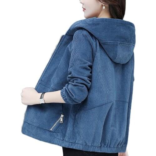 Women Corduroy Jacket Spring Autumn Wear Hooded Parka Overcoat Plus Size Baseball Uniform Womens Casual Trench Coats Lined 4XL