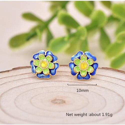 Buyee 925 Sterling Silver Women Stud Earring Multi-color Enamel Flowers Golden Earring for Women Fashion Party Wedding Jewelry