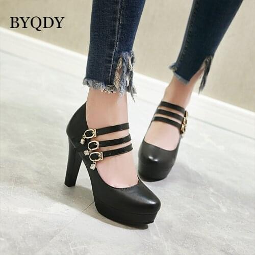 BYQDY Spring Women Patent Leather Dress Pumps Shoes Three Buckle Mary Janes Shoes Round Toe Platform Ladies Footwear Plus 41-48