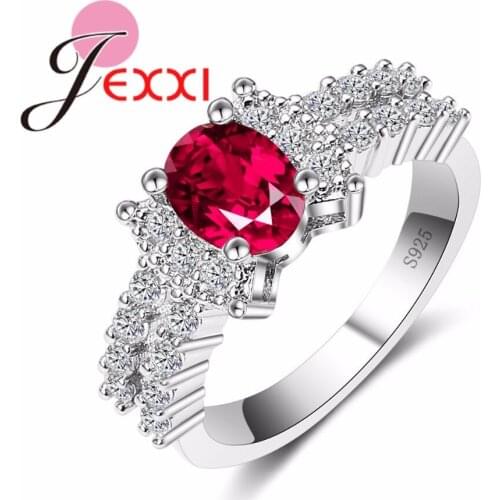Classic Sparkly Red Cubic Zirconia Crastal Ring for Women 925 Sterling Silver Jewelry Geometric Shape Vintage Jewelry