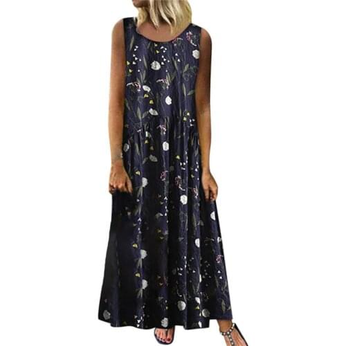 Floral Print O-Neck Sleeveless Draped Straight Maxi Long Dress Casual large Size Vintage Sundress For Female Elegant Beach Robe