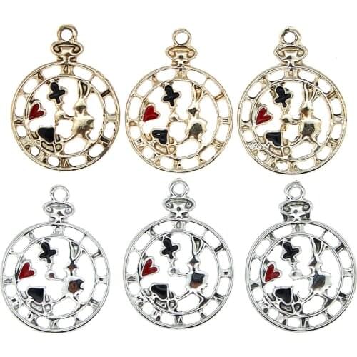 10pcs/lot Alloy Poker Playing Card Clock Bunny Rabbit Pendant Enamel Charms Fit Jewelry DIY Accessories Floating Keychain Crafts