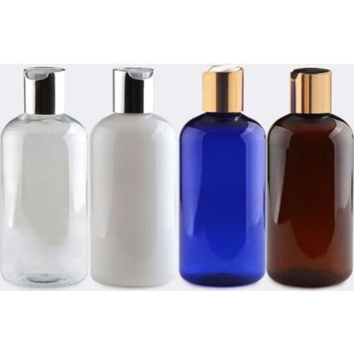 250ml PET Bottles With gold silver Disc Top Cap Travel Lotion Containers Cosmetics Packaging Pot ,Empty Plastic Colored Bottle