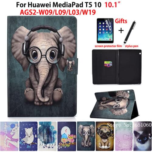 Case For Huawei MediaPad T5 10 AGS2-W09/L09/L03/W19 10.1" Cover Funda Fashion Animal Silicone PU Leather Stand Skin +Film+Pen
