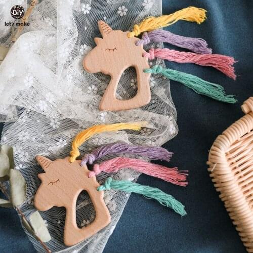 Lets Make 1pc Wooden Teethers Bpa Free Beech Wood Animals Cartoon Unicorn Shape Diy Pacifier Chain Food Grade Wood Baby Teether