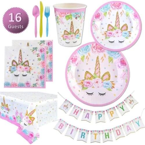 Unicorn/Dinosaur Birthday Party Decoration Pink Paper Plate Cups Napkins Disposable Tableware Kit Party Supplies for Kids Baby