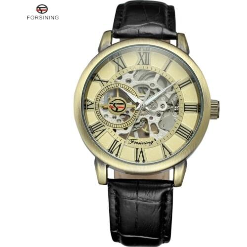 FORSINING Vintage Bronze Men Wristwatch Skeleton Clock Leather Strap Antique Steampunk Automatic Skeleton Mechanical Watches