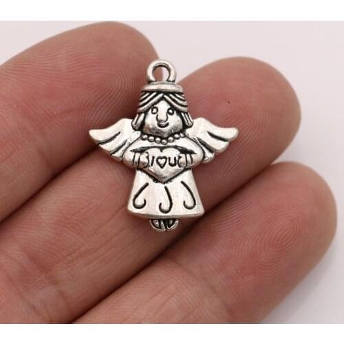 JAKONGO 10pcs Antique Silver Angel Heart Charms Pendants for Jewelry Making Bracelet DIY Accessories 25x21mm