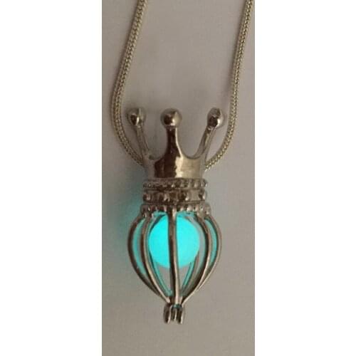 Crown Heart Shape Luminous Glowing Bead Necklace, Can Open Cage Pendant Green Blue Light Luminous Bead Charm Pendant Necklace