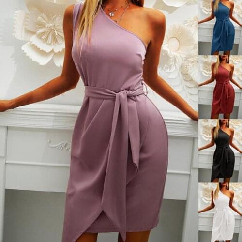 Summer Female Fashion Slim Dress Solid Color Slim Slash Shoulder Skin-friendly Sleeveless Belt Dress for Women 2021