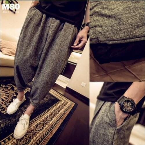 M-5xl Summer Men Clothing Casual Linen Ankle Length Trousers Plus Size Thin Loose Harem Pants Crimping Bloomers Singer Costumes