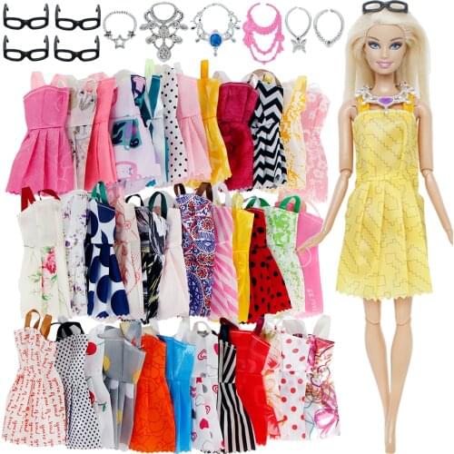 20 Pcs/Lot = Random 10x Mixed Style Mini Dress + 6x Plastic Necklaces + 4x Black Glasses Clothes For Barbie Doll Accessories