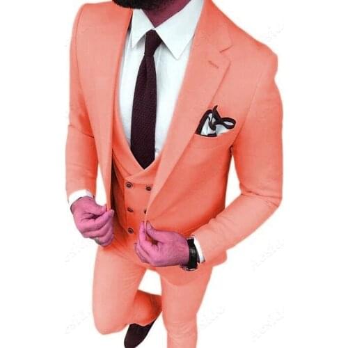 New Arrival Men Suits Peach Groom Tuxedos Notch Lapel Groomsmen 3 Pieces Wedding Set ( Jacket + Pants + Vest + Tie ) D290