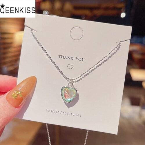 QEENKISS NC736 Fine Jewelry Wholesale Fashion Trendy Woman Birthday Wedding Gift Heart AAA Zircon Clavicle Pendant Necklace