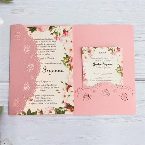 Pink rose laser envelop invitation card wedding birthday debutante ball invite customizable printing 50pcs