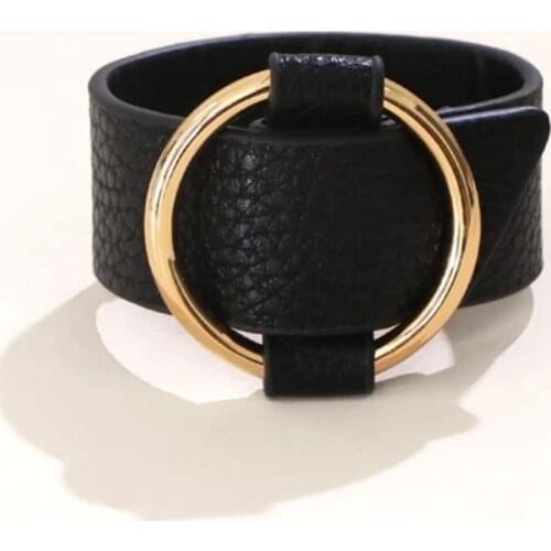 Kirykle Charm Wide Black Leather Bracelets Multicolor Metal gold Big Circle Wrap Bracelet Femme Wristband Jewelry