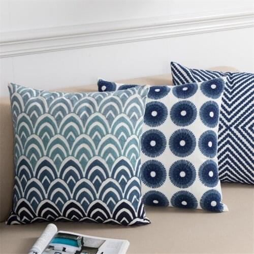 Blue Circle Embroidery Cushion Cover White Cotton Canvas Geometric Pillow Cover 45x45cm Home Decor Floral Sofa Pillow Sham