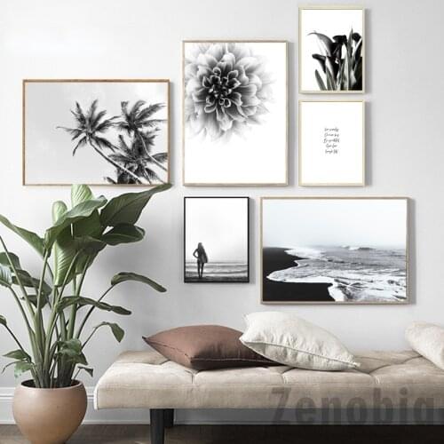 Nordic Palm Tree Dahlia Canvas Art Poster Scandinavian Ocean Landscape Black White Print Painting Picture Modern Home Decor