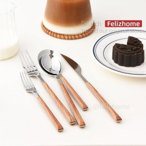 Stainless Steel Dinner Knife and Fork，Spoon with Imitation Wooden Handle Western Tableware Fruit Fork and Knife Desse