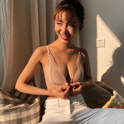 Sexy Lace Bra Thin Triangle Lingerie Wireless Underwear Deep V Backless Crop Top Adjustable Small Chest Bras