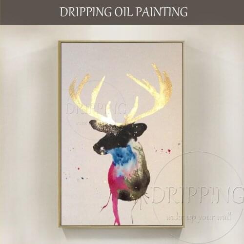 High Quality Wall Art Painting Modern Animal Stag Oil Painting for Living Room Animal Stag with Golden Antlers Oil Painting