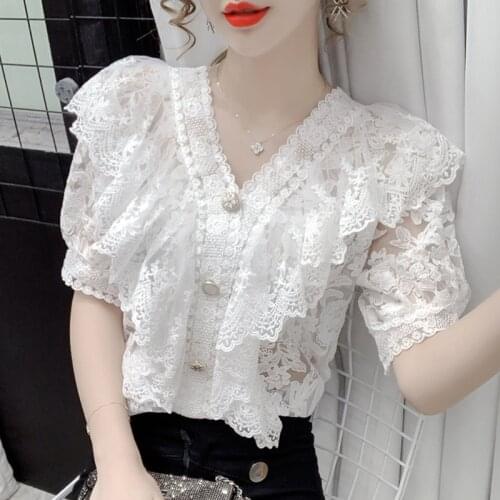 Lace White Blouse Shirts Lace Women Shirts stitching Short Sleeve Loose retro Top Summer New Mesh Female Ruffle Clothes Female