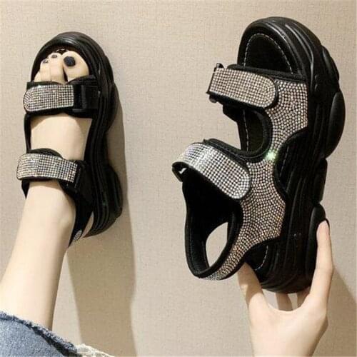 New Fashion Rhinestones Wedge Sandals Women Summer 2020 High Heels Platform Shoes Woman Thick Sole Black White Chunky Sandals