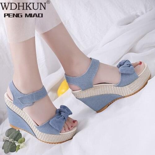 2020 New Designer Denim Sandals Women Sandals High Quality Wedges High Heels Peep-Toe Platform Shoes Woman Thick Bottom Sandals