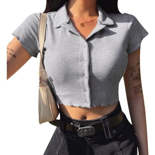 Women Summer Short T-shirts Fashion Lady Girls Turn-down Collar Tees T Shirt Crop Top Causal Girl T-Shirt Tops Tee Tops