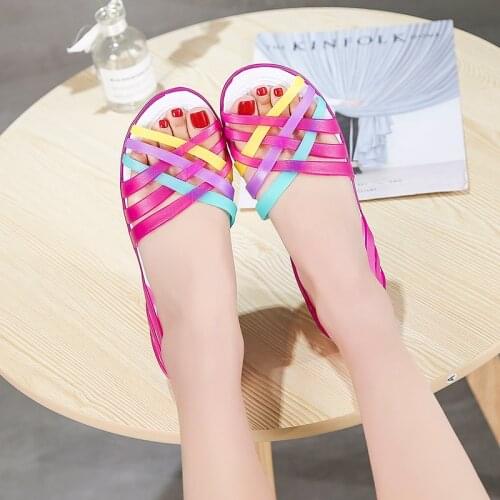 Flat Woman Sandals Summer Candy Color Peep Toe Beach Shoes Slip On Rianbow Sandals Fashion Jelly Shoes Chaussure Femme Sandale
