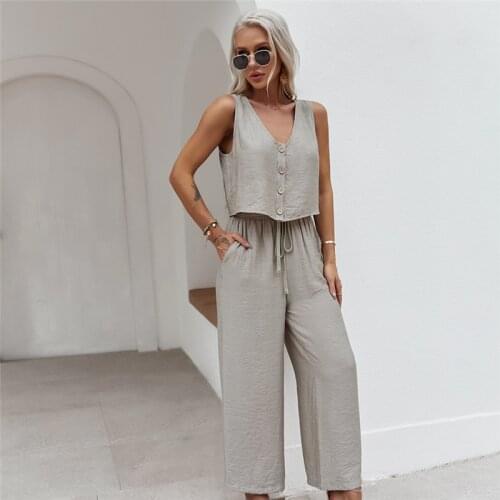 2021 Women Short Vest Solid Sleeveless Button Casual Tops Suit Loose Drawstring Summer Elegant Long Ladies Pants Two Piece Set
