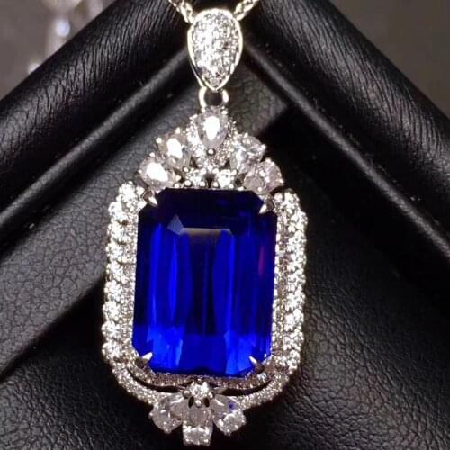 Big size attractive new style clear blue sapphire gemstone necklace for women 925 sterling silver jewelry natural gem party gift