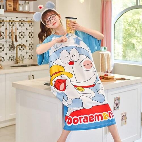 2021 Summer Women Nightdress Sleepwear Cartoon Cute Cat Printing Leisure Wear Cute Loose Femme Household Nightgown
