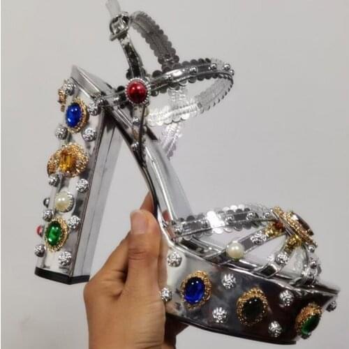 Summer sexy lady fashion womens shoes silver real leather diamond crystal studded platform ankle strappy high heels sandals