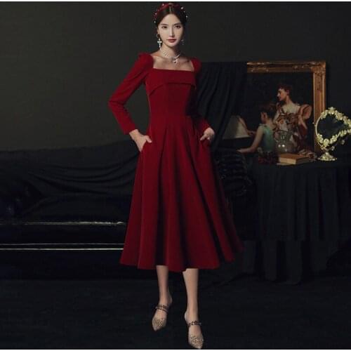Special Occasion Dresses Vintage Square Collar Full Backless A-Line Luxury Bugrundy Floor-Length Elegant Women Prom Gown E845