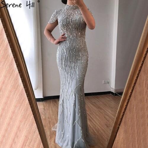 Dubai Grey Mermaid Short Sleeves Evening Dresses Luxury Beading Sparkle Formal Dress 2020 Serene Hill LA70649